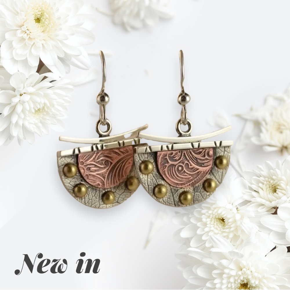 Boho Fan Shaped Embossed And Studded Earrings